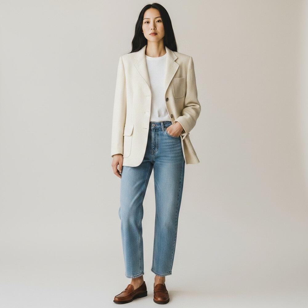 Lauren Ralph Lauren Wool 3-Button Tailored Blazer Cream Equestrian Heritage Sz 4